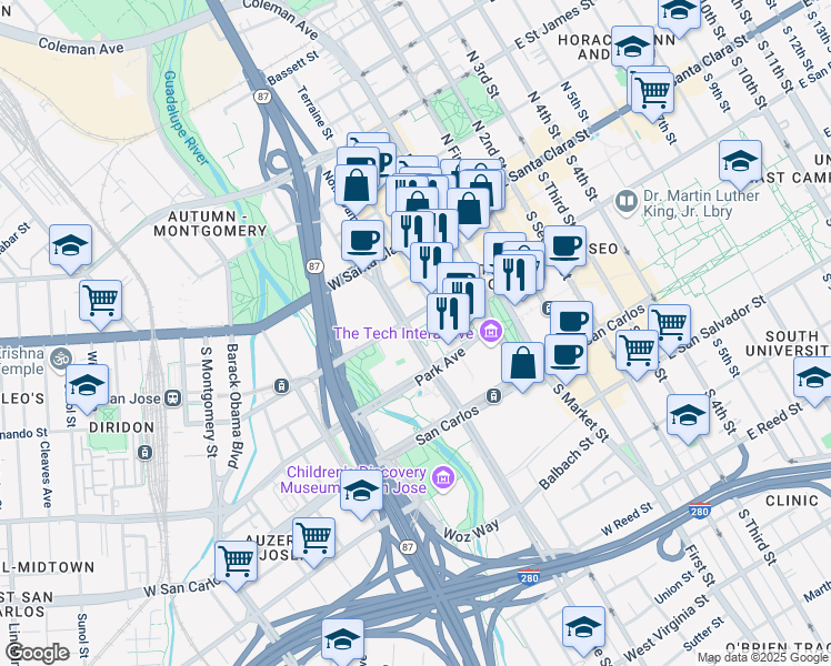 map of restaurants, bars, coffee shops, grocery stores, and more near 134 Almaden Boulevard in San Jose