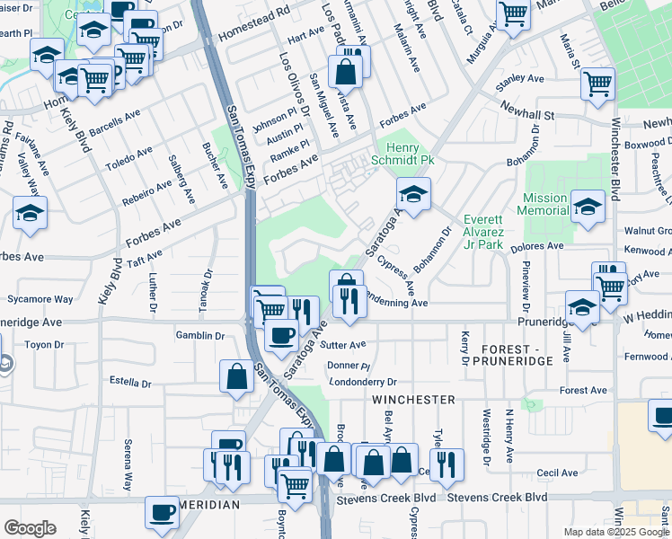 map of restaurants, bars, coffee shops, grocery stores, and more near 2410 Golf Links Circle in Santa Clara