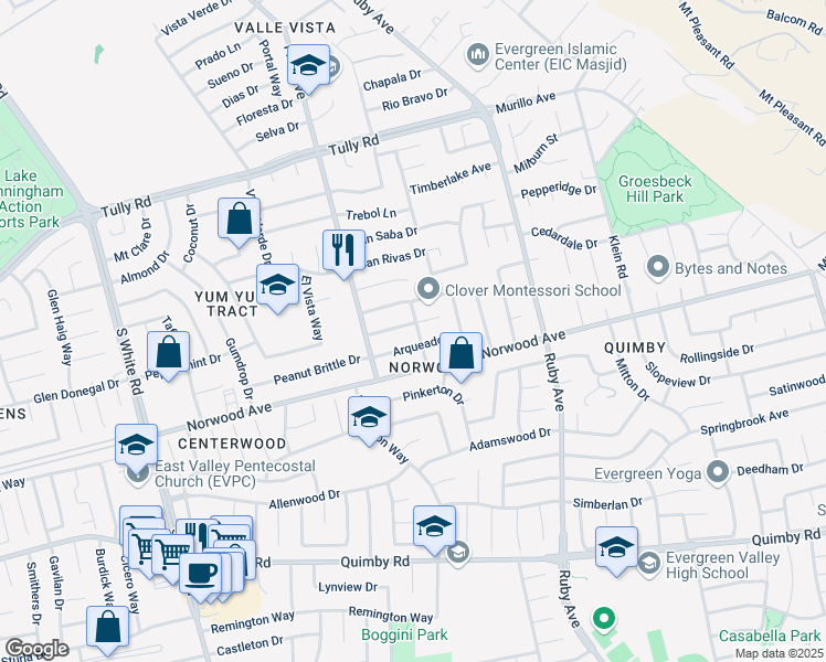 map of restaurants, bars, coffee shops, grocery stores, and more near 3314 Cerrito Way in San Jose