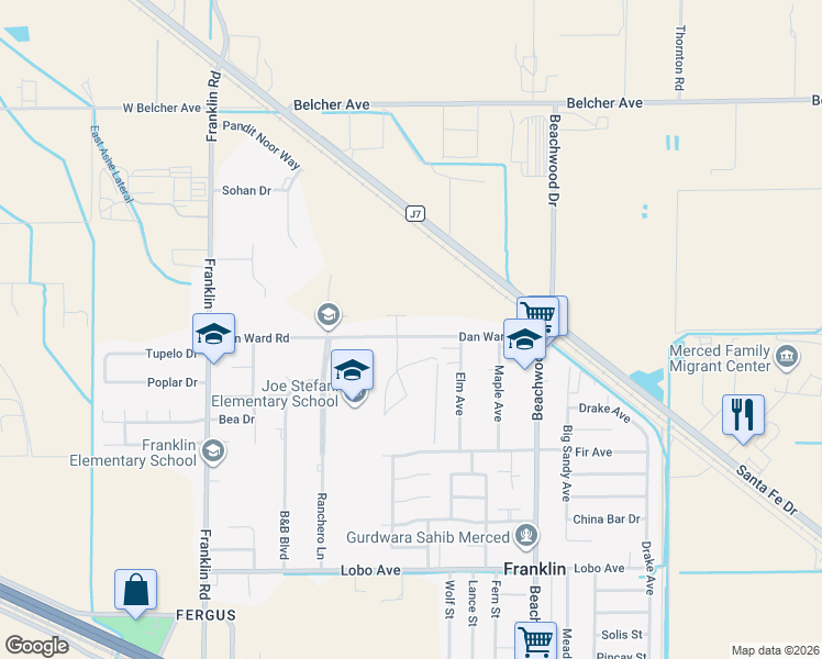 map of restaurants, bars, coffee shops, grocery stores, and more near 2538 Dan Ward Road in Merced