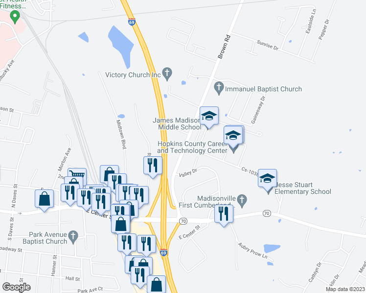 map of restaurants, bars, coffee shops, grocery stores, and more near 449 Brown Rd in Madisonville