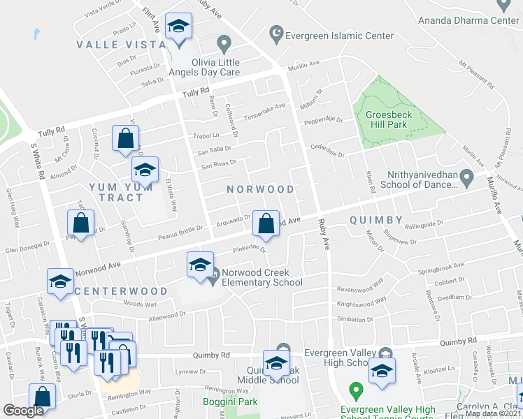 map of restaurants, bars, coffee shops, grocery stores, and more near 2885 Grafton Way in San Jose