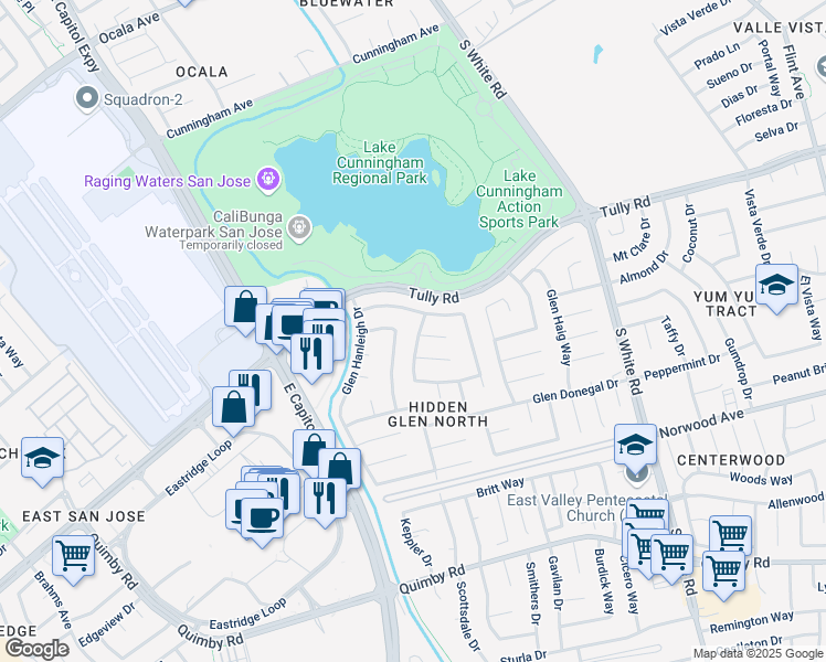 map of restaurants, bars, coffee shops, grocery stores, and more near 2439 Glen Exeter Way in San Jose