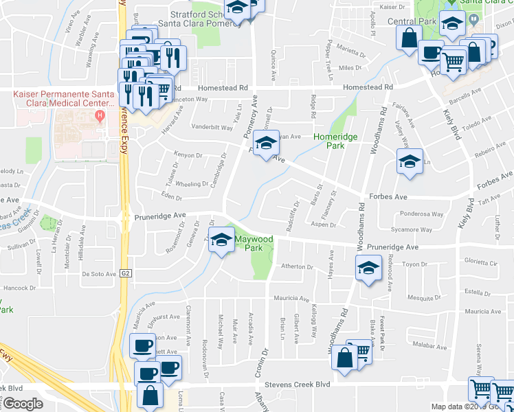 map of restaurants, bars, coffee shops, grocery stores, and more near 504 Hickory Place in Santa Clara