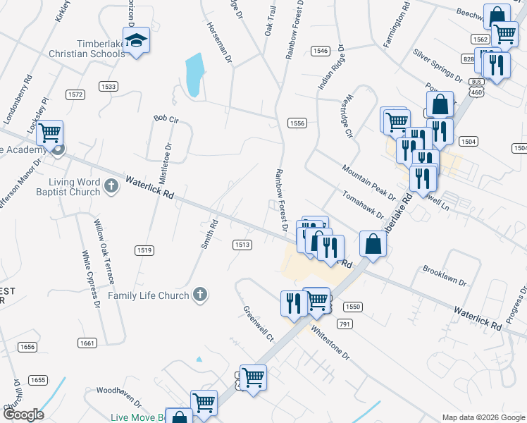 map of restaurants, bars, coffee shops, grocery stores, and more near 3635 Waterlick Road in Forest