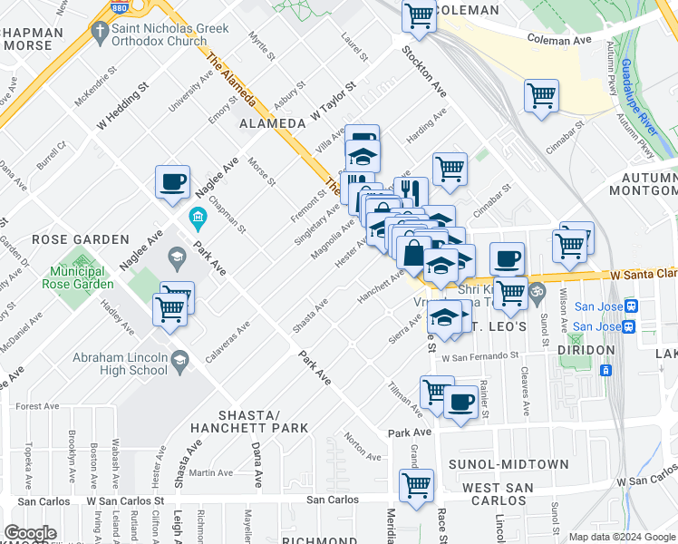 map of restaurants, bars, coffee shops, grocery stores, and more near 1214 Hester Avenue in San Jose