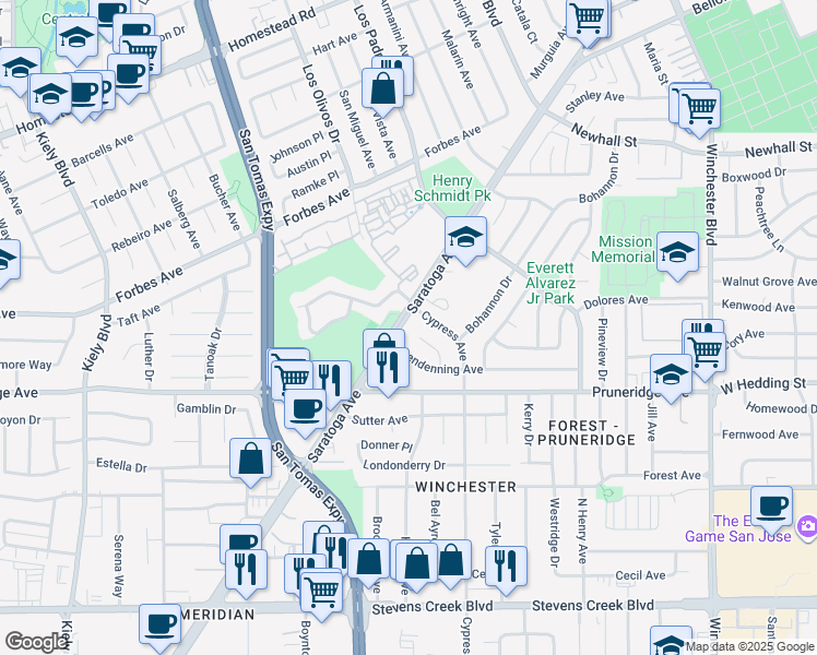 map of restaurants, bars, coffee shops, grocery stores, and more near 409 Saratoga Avenue in Santa Clara