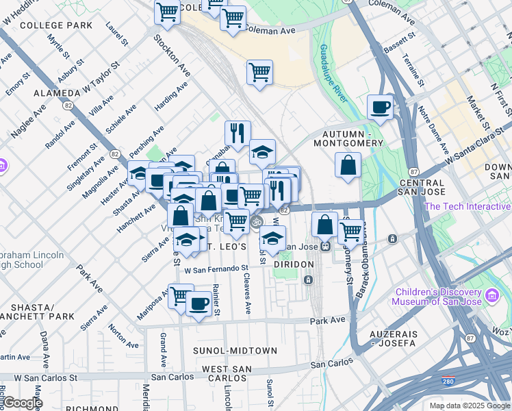 map of restaurants, bars, coffee shops, grocery stores, and more near 821 The Alameda in San Jose