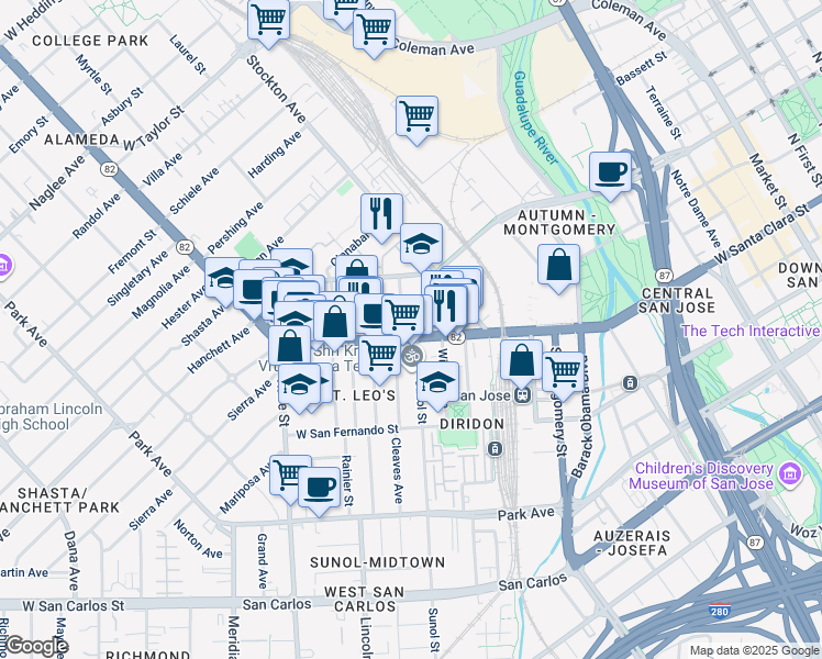 map of restaurants, bars, coffee shops, grocery stores, and more near 821 The Alameda in San Jose