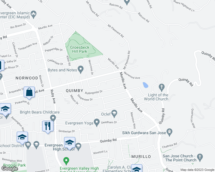 map of restaurants, bars, coffee shops, grocery stores, and more near 3636 Ritz Court in San Jose