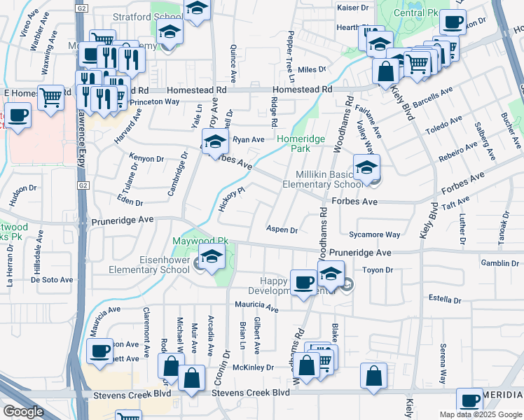 map of restaurants, bars, coffee shops, grocery stores, and more near 491 Radcliffe Drive in Santa Clara