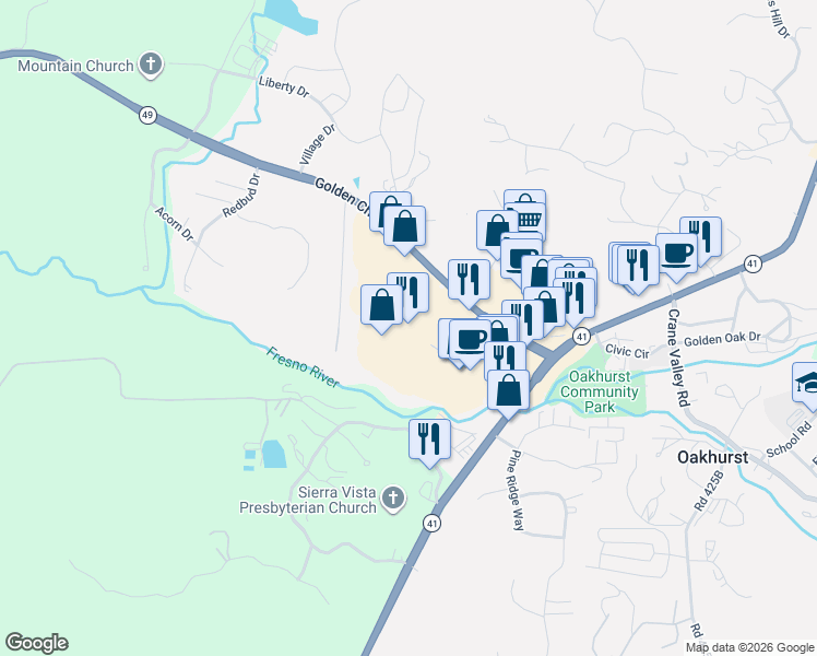 map of restaurants, bars, coffee shops, grocery stores, and more near 40155 Enterprise Drive in Oakhurst