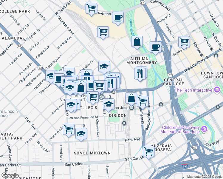 map of restaurants, bars, coffee shops, grocery stores, and more near 106 Stockton Avenue in San Jose