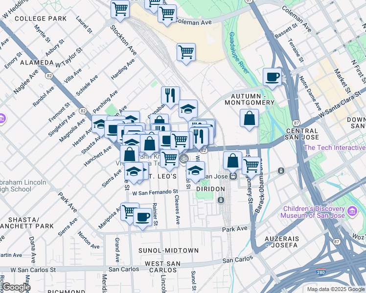 map of restaurants, bars, coffee shops, grocery stores, and more near in San Jose