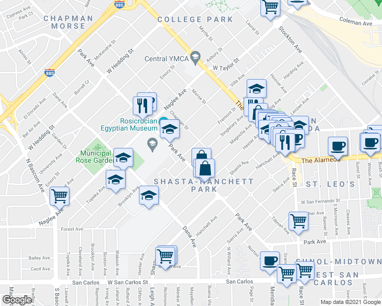 map of restaurants, bars, coffee shops, grocery stores, and more near 1335 Singletary Avenue in San Jose