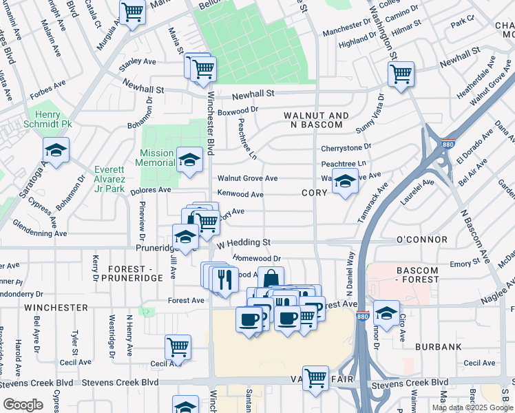 map of restaurants, bars, coffee shops, grocery stores, and more near 2401 Cory Avenue in San Jose
