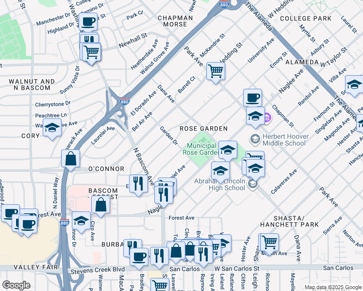 map of restaurants, bars, coffee shops, grocery stores, and more near 1695 Emory Street in San Jose