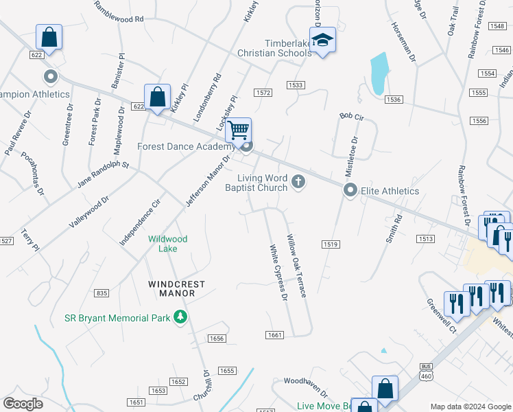 map of restaurants, bars, coffee shops, grocery stores, and more near 15 Moss Creek Drive in Forest