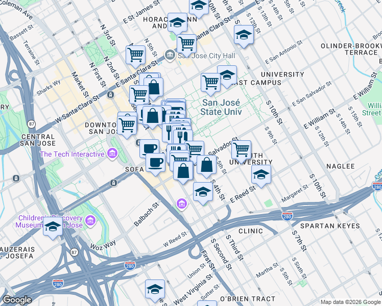 map of restaurants, bars, coffee shops, grocery stores, and more near 345 South 4th Street in San Jose