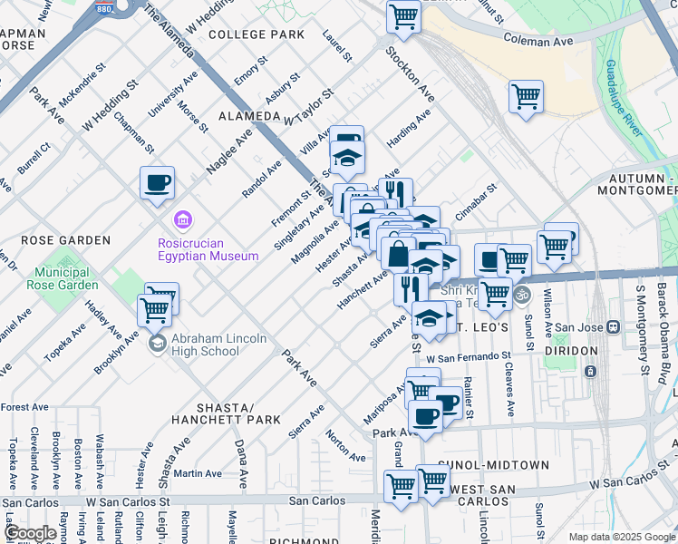map of restaurants, bars, coffee shops, grocery stores, and more near 1197 Shasta Avenue in San Jose