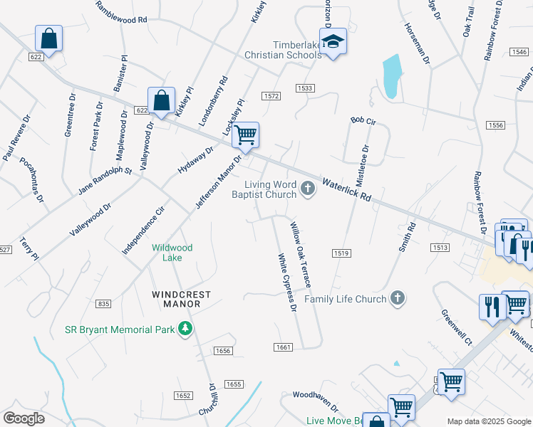 map of restaurants, bars, coffee shops, grocery stores, and more near 15 Moss Creek Drive in Forest