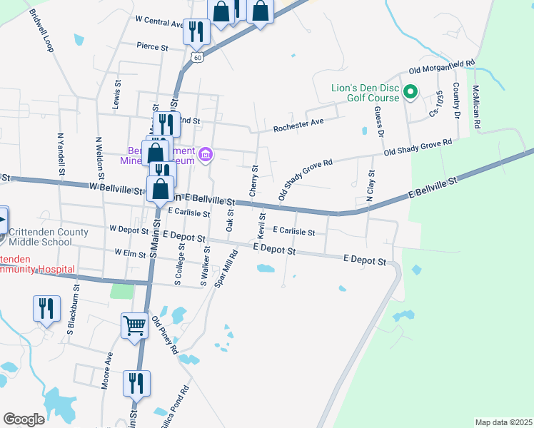 map of restaurants, bars, coffee shops, grocery stores, and more near 100 Kevil Street in Marion