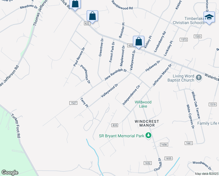 map of restaurants, bars, coffee shops, grocery stores, and more near 117 Valleywood Drive in Forest