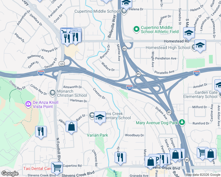 map of restaurants, bars, coffee shops, grocery stores, and more near 10621 Madera Drive in Cupertino