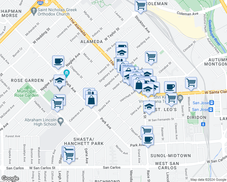 map of restaurants, bars, coffee shops, grocery stores, and more near 1212 Hester Avenue in San Jose