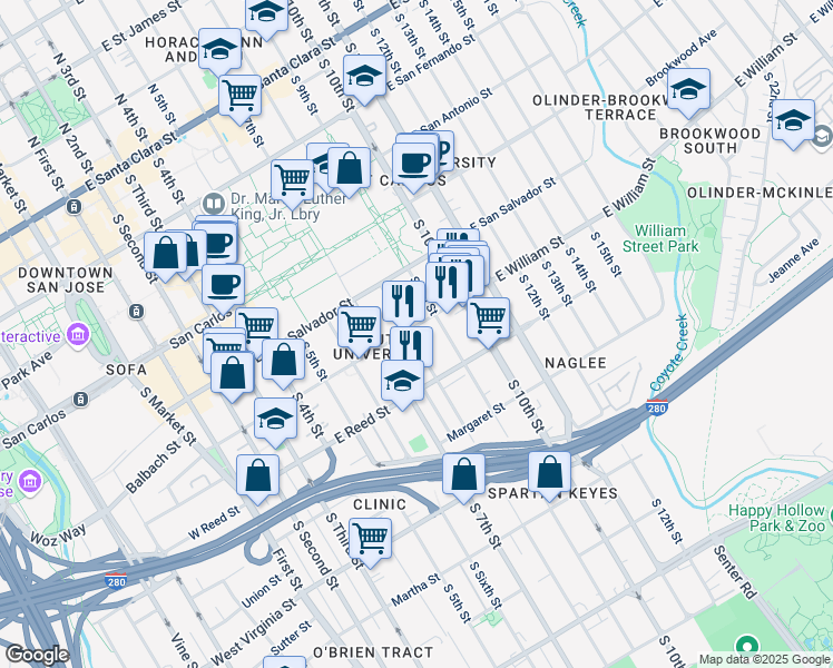 map of restaurants, bars, coffee shops, grocery stores, and more near 525 South 9th Street in San Jose