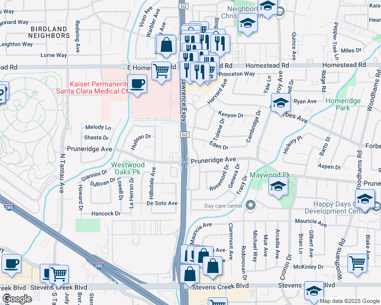map of restaurants, bars, coffee shops, grocery stores, and more near 562 Harvard Avenue in Santa Clara