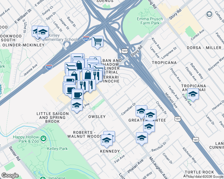 map of restaurants, bars, coffee shops, grocery stores, and more near 1113 Panoche Court in San Jose