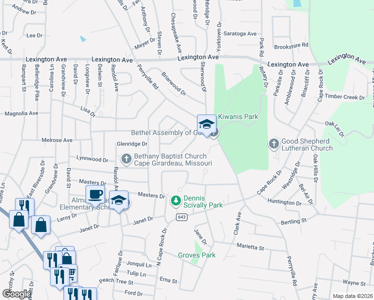 map of restaurants, bars, coffee shops, grocery stores, and more near 2242 Sherwood Drive in Cape Girardeau