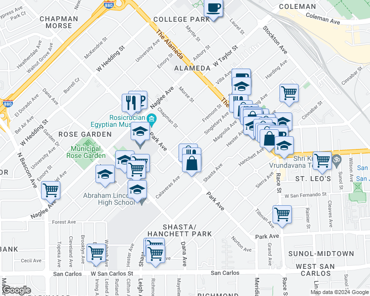 map of restaurants, bars, coffee shops, grocery stores, and more near 1335 Singletary Avenue in San Jose
