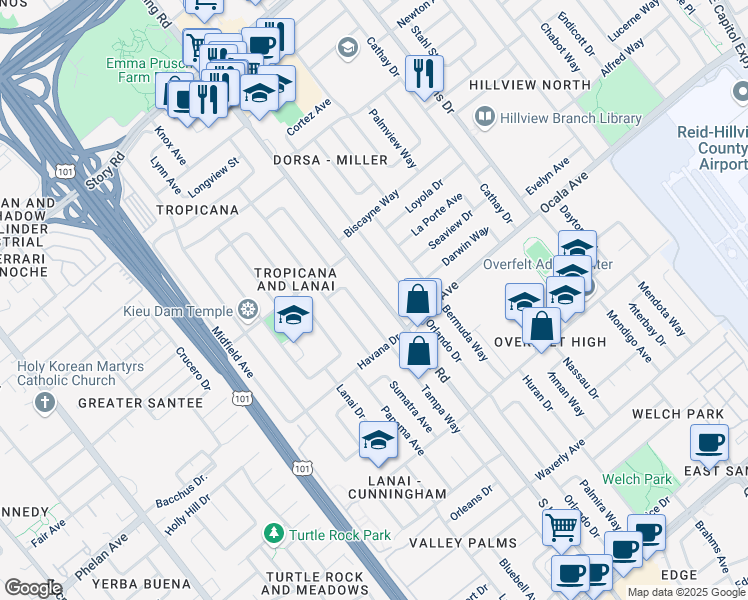 map of restaurants, bars, coffee shops, grocery stores, and more near 1709 South King Road in San Jose