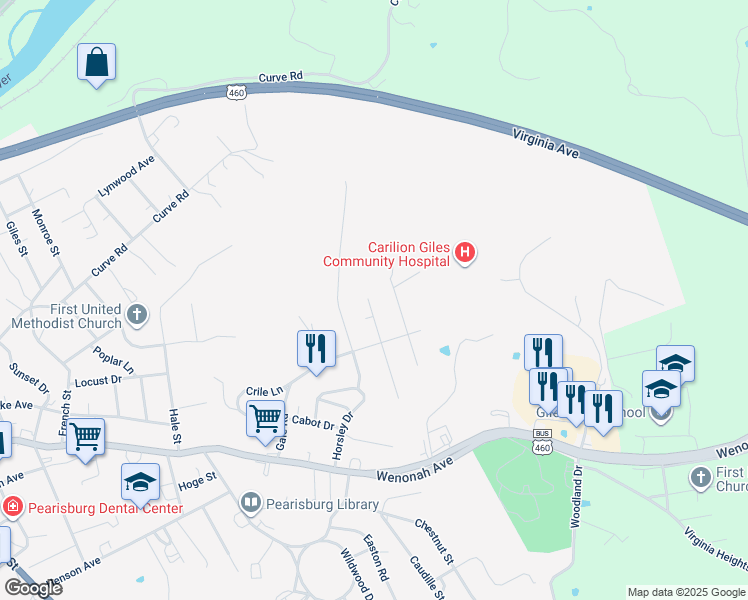 map of restaurants, bars, coffee shops, grocery stores, and more near 514 Lawndale Drive in Pearisburg