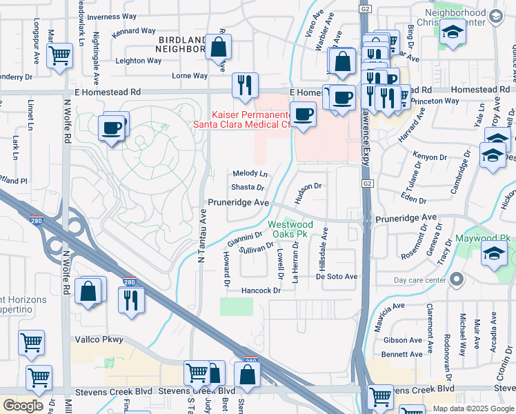 map of restaurants, bars, coffee shops, grocery stores, and more near 3824 Pruneridge Avenue in Santa Clara