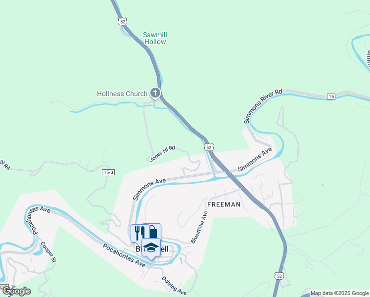 map of restaurants, bars, coffee shops, grocery stores, and more near 429 Jones Hill Road in Bramwell