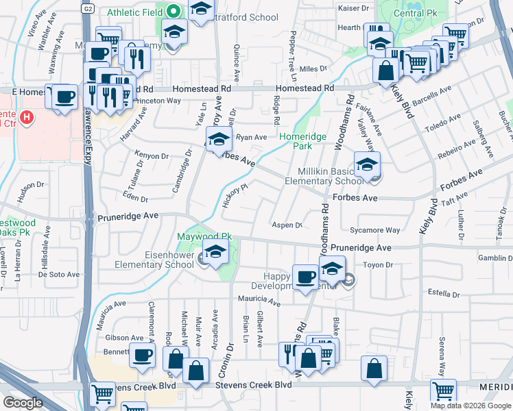 map of restaurants, bars, coffee shops, grocery stores, and more near 491 Radcliffe Drive in Santa Clara