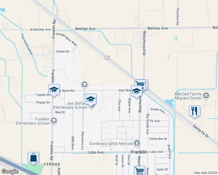 map of restaurants, bars, coffee shops, grocery stores, and more near 2538 Dan Ward Road in Merced