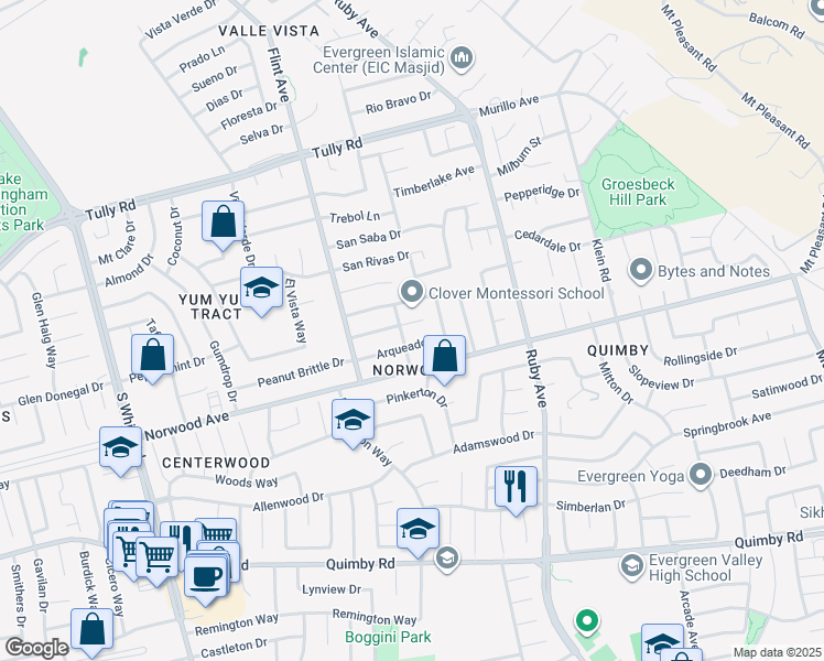 map of restaurants, bars, coffee shops, grocery stores, and more near 3314 Cerrito Way in San Jose