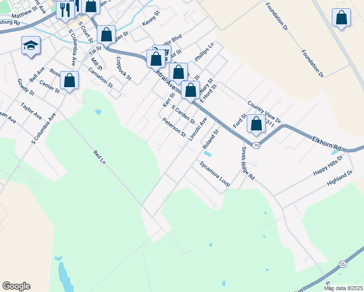 map of restaurants, bars, coffee shops, grocery stores, and more near 223 Lincoln Avenue in Campbellsville