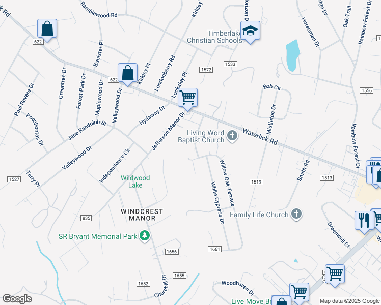 map of restaurants, bars, coffee shops, grocery stores, and more near 14 Willow Oak Terrace in Forest