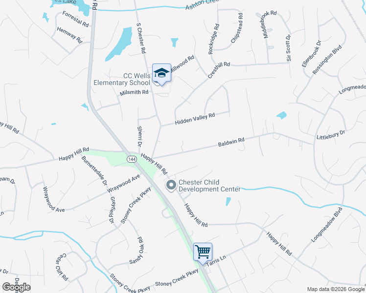 map of restaurants, bars, coffee shops, grocery stores, and more near 4100 Baldwin Road in Chester