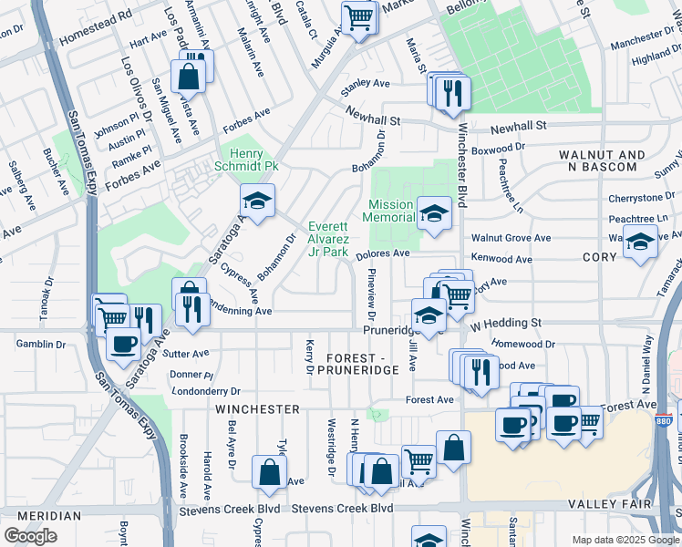 map of restaurants, bars, coffee shops, grocery stores, and more near 2318 Talia Avenue in Santa Clara