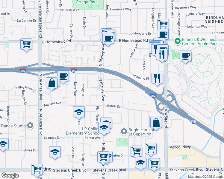 map of restaurants, bars, coffee shops, grocery stores, and more near 19937 Beekman Place in Cupertino