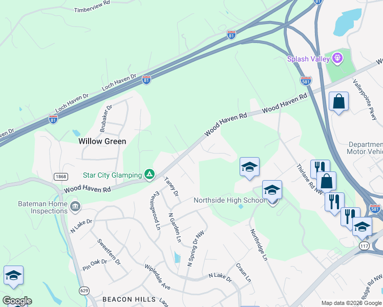 map of restaurants, bars, coffee shops, grocery stores, and more near 7920 Wood Haven Rd in Roanoke