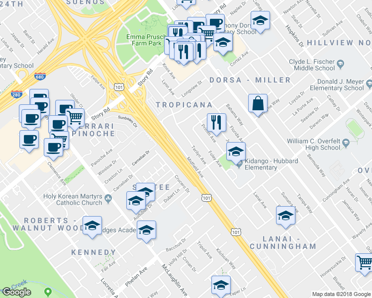 map of restaurants, bars, coffee shops, grocery stores, and more near 1512 Midfield Avenue in San Jose