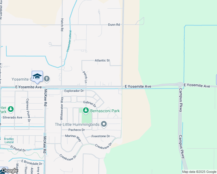 map of restaurants, bars, coffee shops, grocery stores, and more near 2858 East Yosemite Avenue in Merced