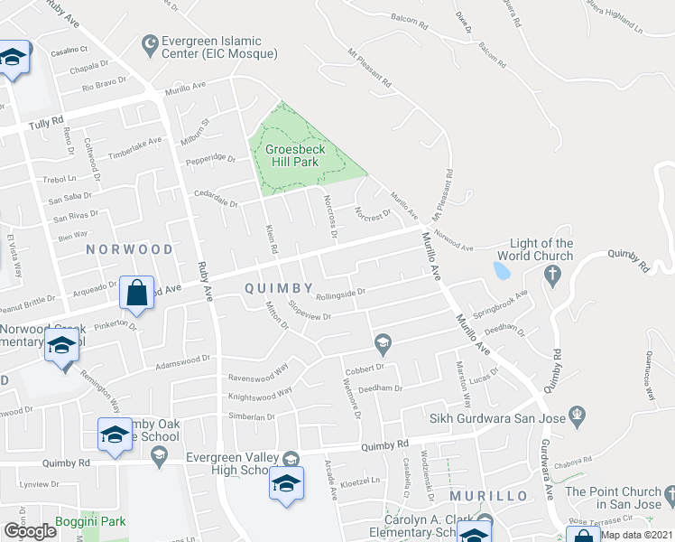 map of restaurants, bars, coffee shops, grocery stores, and more near 3605 Woodley Drive in San Jose